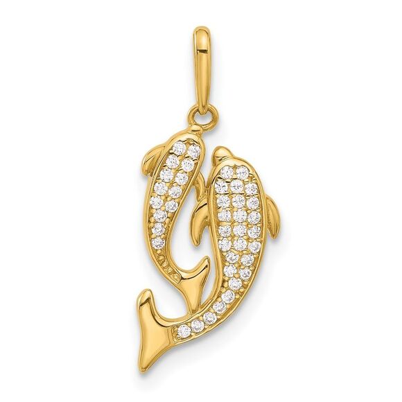 Kazi Luxury 14k Yellow Gold Polished CZ Two Dolphins Pendant